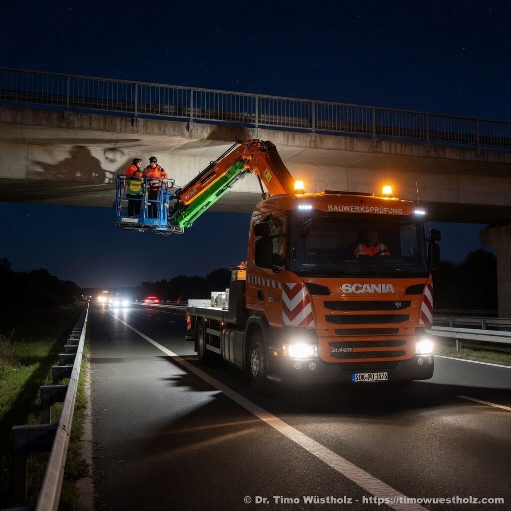 Bauwerksprüfung DIN 1076 – Handnahe Brückenprüfung bei Nacht