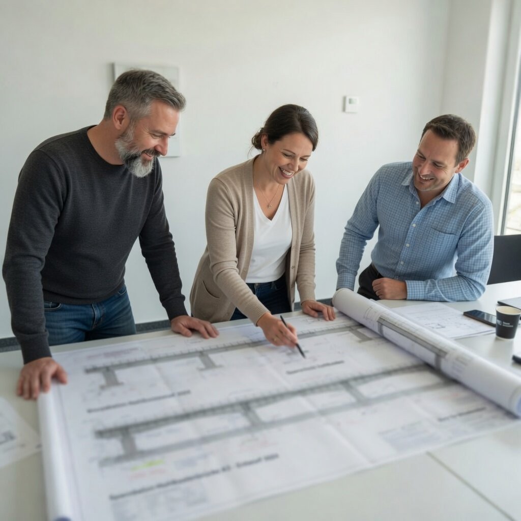 Projektsteuerung – Team bespricht Bauplan im PONTIS Büro